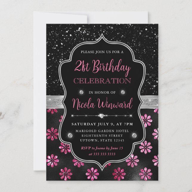 Invitation Fleurs de Parties scintillant roses et noires 21e  (Devant)