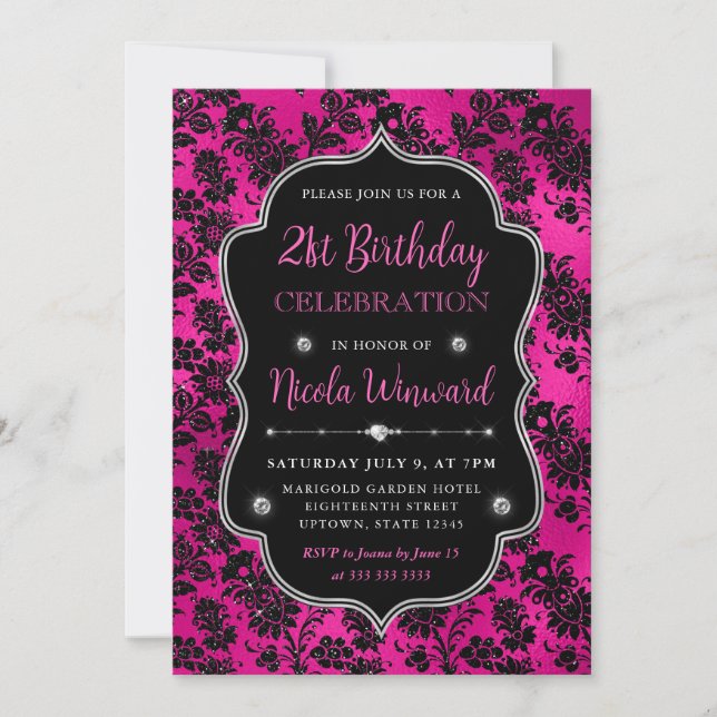 Invitation Fleurs de Parties scintillant roses et noires Dama (Devant)