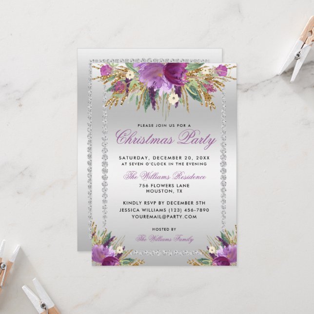 Invitation Fleurs de parties scintillant, Soirée de Noël enca (Devant/Arrière en situation)