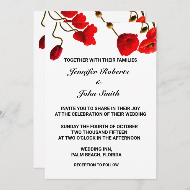 Invitation Fleurs de pavot Floral Rouge Blanc Cool Mariage te (Devant / Derrière)