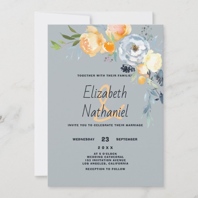 Invitation Fleurs de pays orange bleu blanc mariage botanique (Devant)