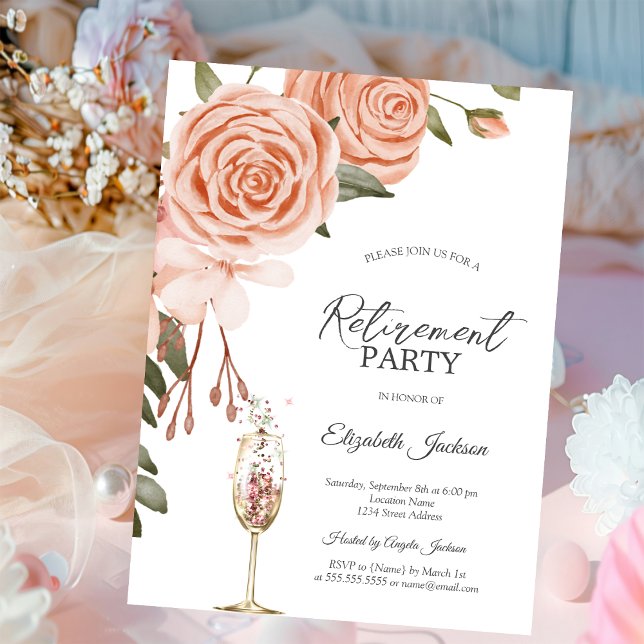 Invitation Fleurs de pêche à l'aquarelle Fleur Teint Champagn (Créateur téléchargé)