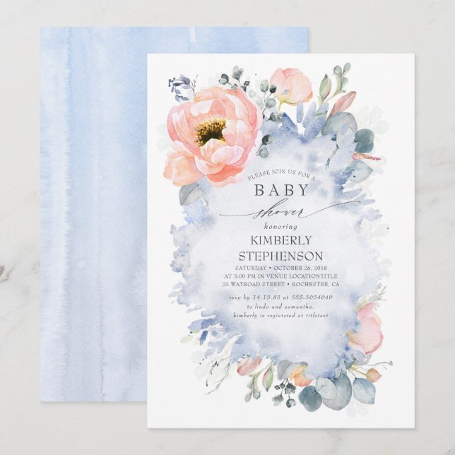 Invitation Fleurs de Pêche Baby shower moderne Dusty Bleu (Devant / Derrière)