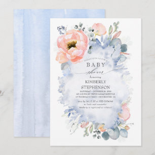 Invitation Fleurs de Pêche Baby shower moderne Dusty Bleu