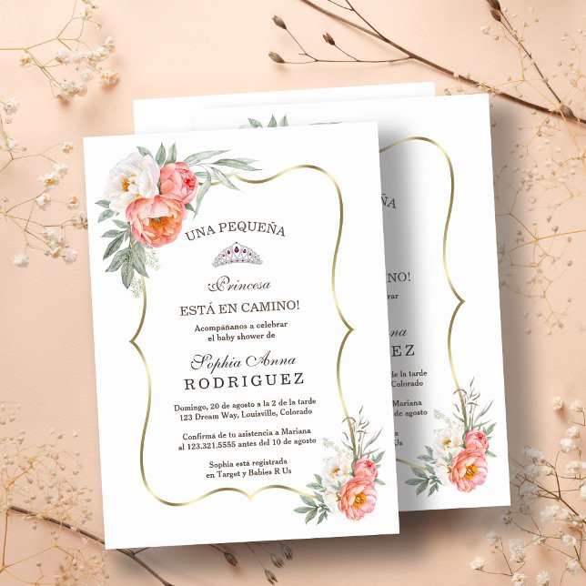Invitation Fleurs de Pêche Blanche Baby shower Espagnol Invit (baby shower, trendy peach flowers bay shower, gold white floral baby shower)