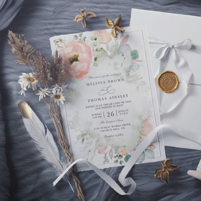 Invitation Fleurs de Pêche Botaniques Élégant Code QR Mariage (Créateur téléchargé)