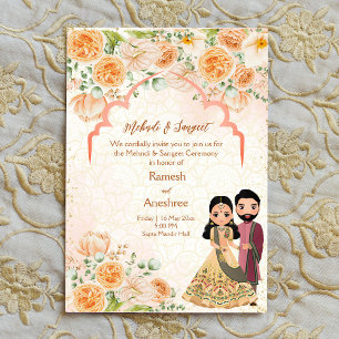 Invitation Fleurs de pêche couple indien mehndi sangeet invit