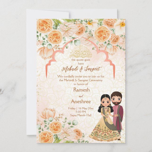 Invitation Fleurs de pêche couple indien mehndi sangeet islam (Devant)