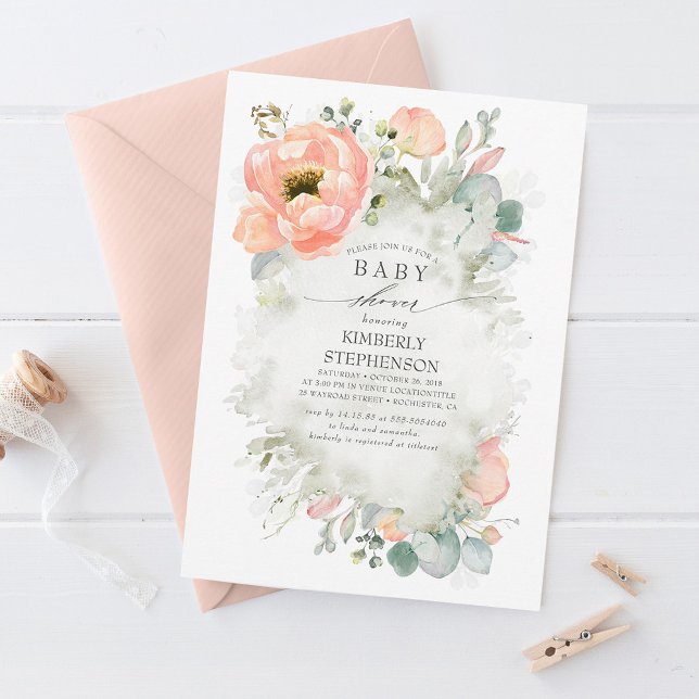 Invitation Fleurs de Pêche Douce Élégant Baby shower de Print (Créateur téléchargé)