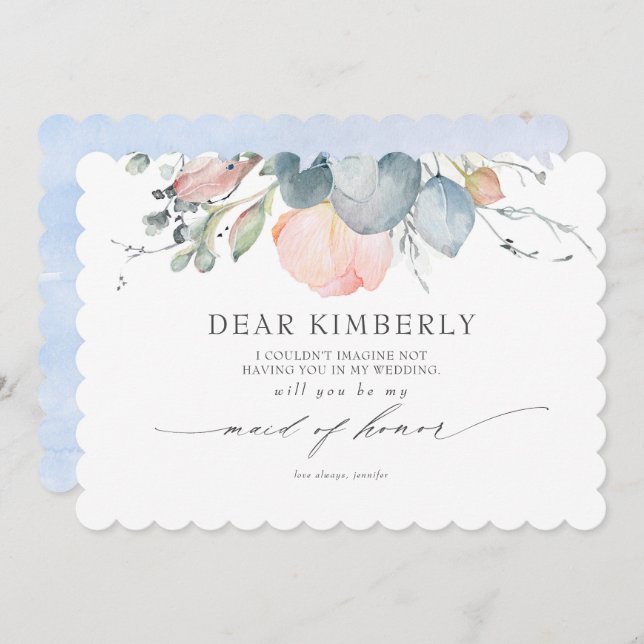 Invitation Fleurs de Pêche Dusty Blue Be My Maid of Honor (Devant / Derrière)