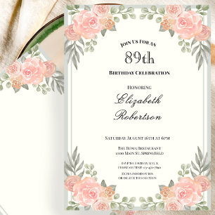 Invitation Fleurs de Pêche et de Sauge Verte 89e Anniversaire