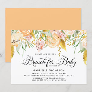 Invitation Fleurs de Pêche et Feuilles d'or Baby shower Brunc
