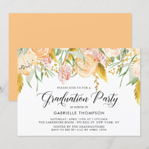 Invitation Fleurs de Pêche et Feuilles d'or fête de graduatio