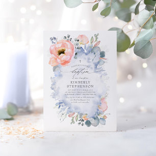 Invitation Fleurs de Pêche et verdure Baptême bleu Dusty