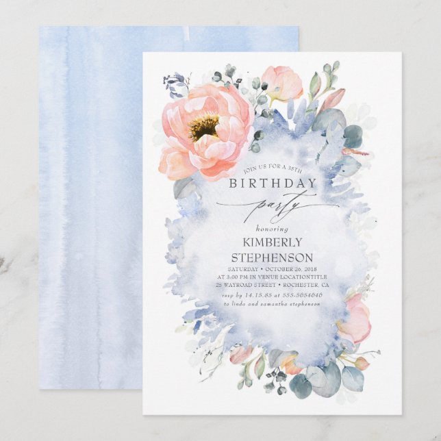 Invitation Fleurs de Pêche et verdure Dusty Bleu Anniversaire (Devant / Derrière)