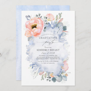 Invitation Fleurs de Pêche et verdure Dusty Blue Graduation