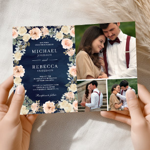 Invitation Fleurs de Pêche Poussiéreuses Bleu Marine Code QR 