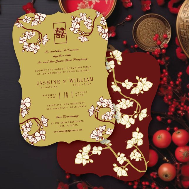 Invitation Fleurs de Pêche/Prunier Double Bonheur Mariage (Cream Peach/Plum Blossoms Double Happiness Elegant Chinese Wedding Invitation @ fatfatin_red_knot)