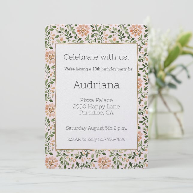 Invitation Fleurs de Pêche Rose Feuilles Vertes Anniversaire (Debout devant)