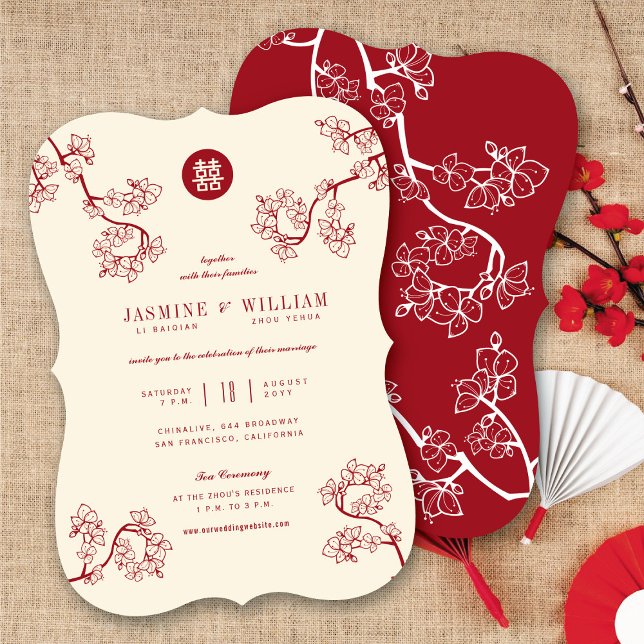 Invitation Fleurs de Pêche/Rouge Prune Double Bonheur Mariage (Red/Ivory Peach/Plum Blossoms Double Happiness Chinese Wedding Invitation @ fatfatin_red_knot)
