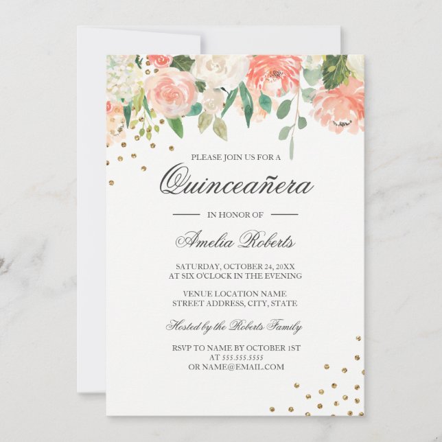 Invitation Fleurs de Pêcher Blush Aquarelle Quinceanera (Devant)