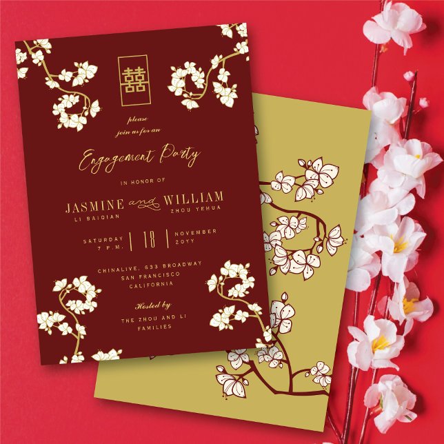 Invitation Fleurs de pêcher/prunier chic asiatique pour maria (Burgundy Red Peach/Plum Blossoms Chic Floral Asian Engagement Party Invitation @ fatfatin_red_knot)