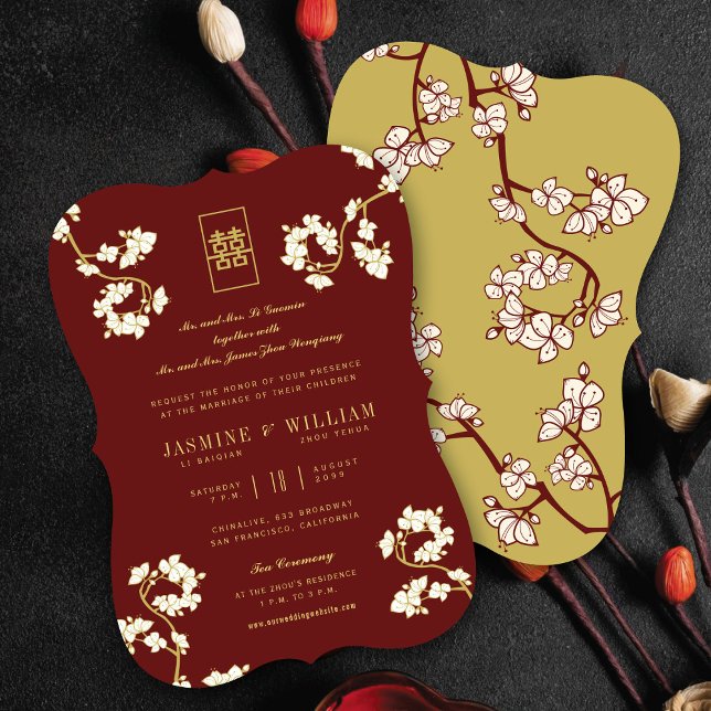 Invitation Fleurs de pêcher/prunier en double bonheur pour ma (Cream/Burgundy/Gold Peach/Plum Blossoms Double Happiness Elegant Chinese Wedding Invitation)
