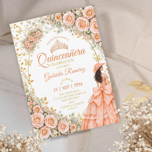 Invitation Fleurs de pêcher roses papillon doré Quinceañera