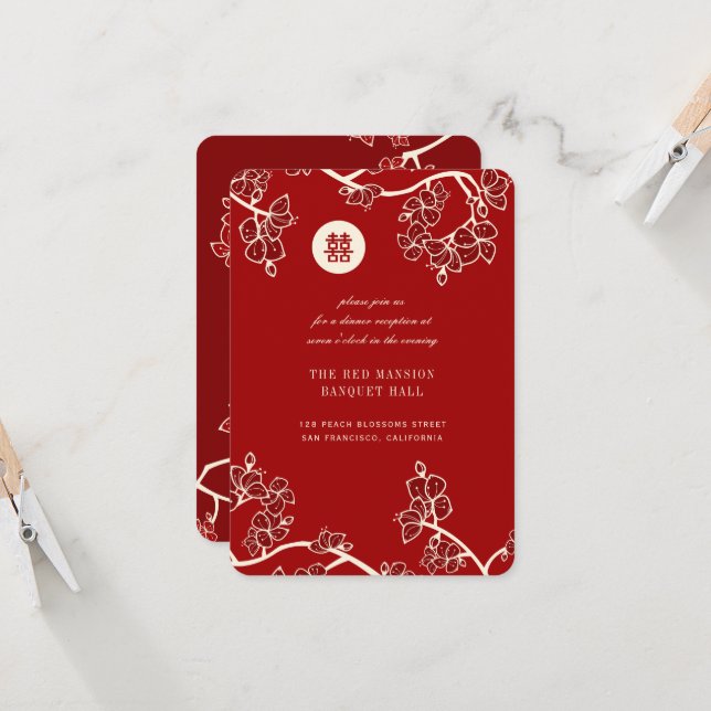 Invitation Fleurs de Pêcher Rouges 囍 Réception de Mariage Chi (Devant/Arrière en situation)