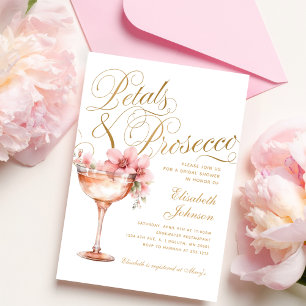 Invitation Fleurs de Pétale Rose Doré et Prosecco pour une Ba