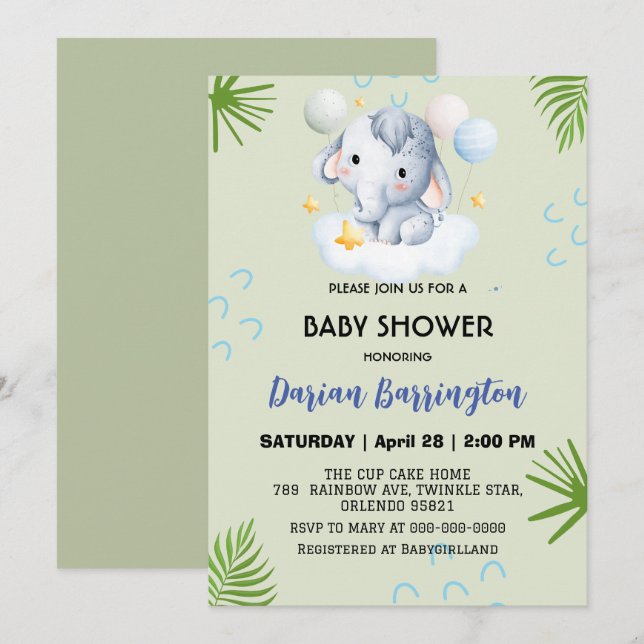 Invitation Fleurs de petits éléphants roses baby showers enfa (Devant / Derrière)