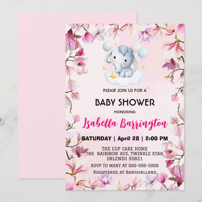 Invitation Fleurs de petits éléphants roses baby showers enfa (Devant / Derrière)