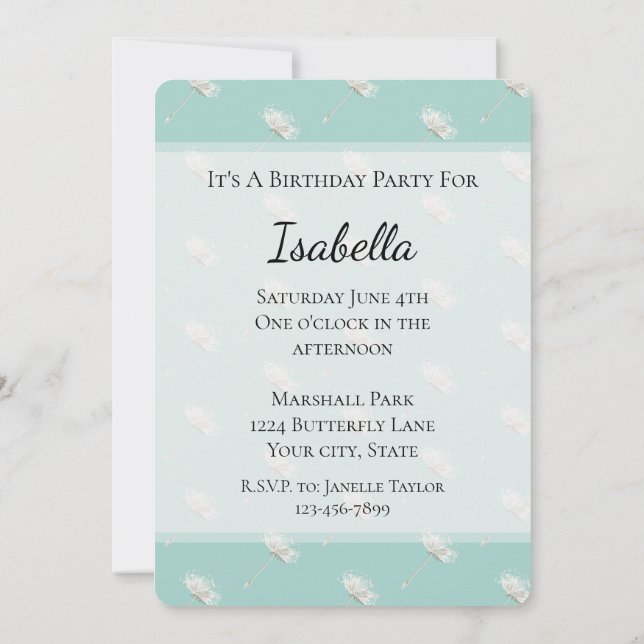 Invitation Fleurs de Pissenlit Anniversaire Menthe Chic (Dos)