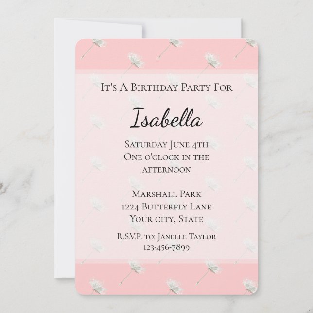 Invitation Fleurs de pissenlit rose blush chic pour anniversa (Dos)