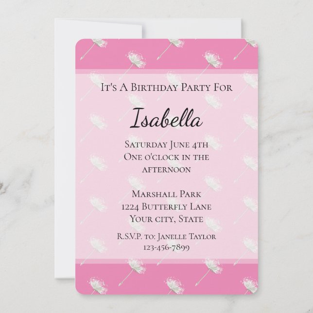 Invitation Fleurs de Pissenlit Rose Chic Anniversaire (Dos)