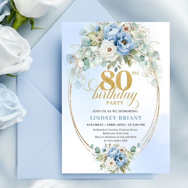 Invitation Fleurs de Pivoine Bleu Clair Cadre Doré 80e Annive (Light Blue Peony Flowers Gold Frame 80th Birthday)