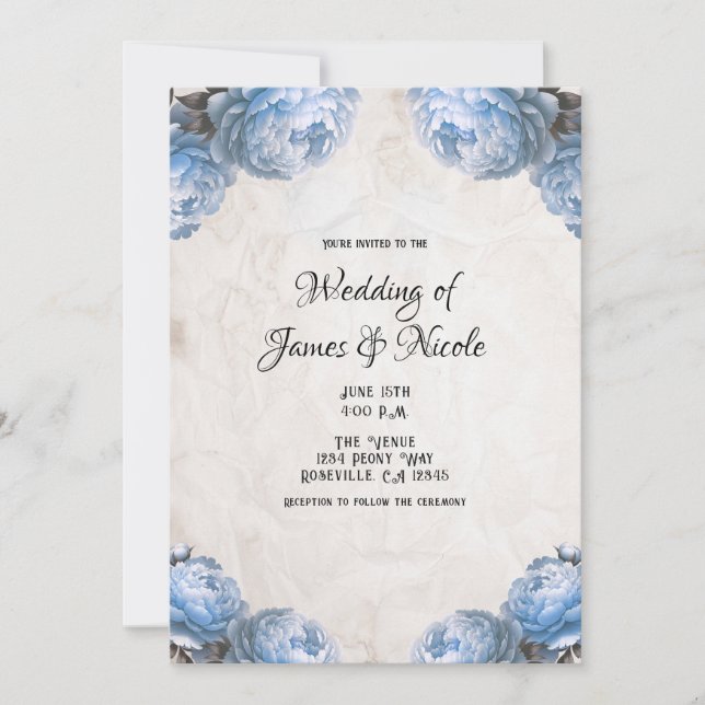Invitation Fleurs de pivoine bleu clair Mariage rustique Vint (Devant)