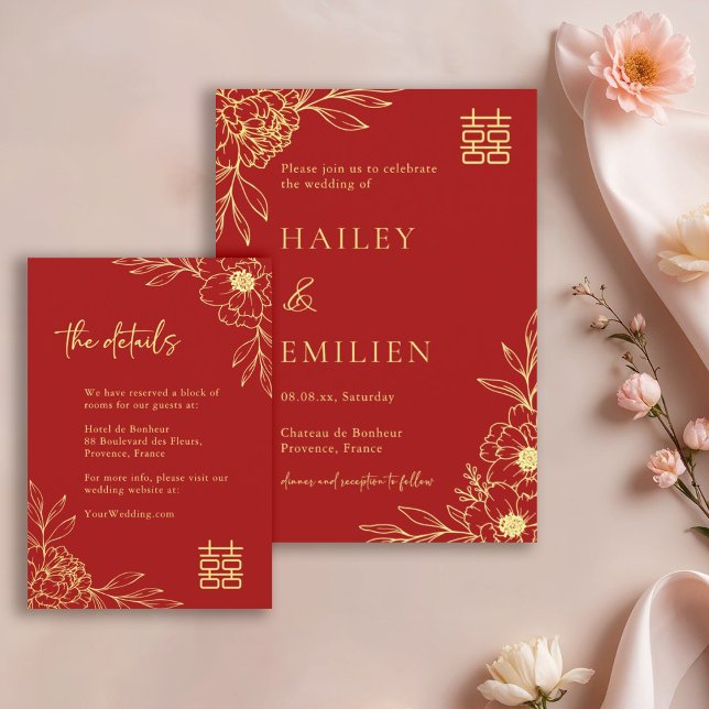 Invitation Fleurs de pivoine Détails de mariage rouge moderne (Créateur téléchargé)