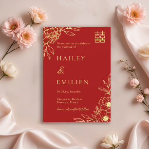 Invitation Fleurs de pivoine Mariage moderne chinois rouge or