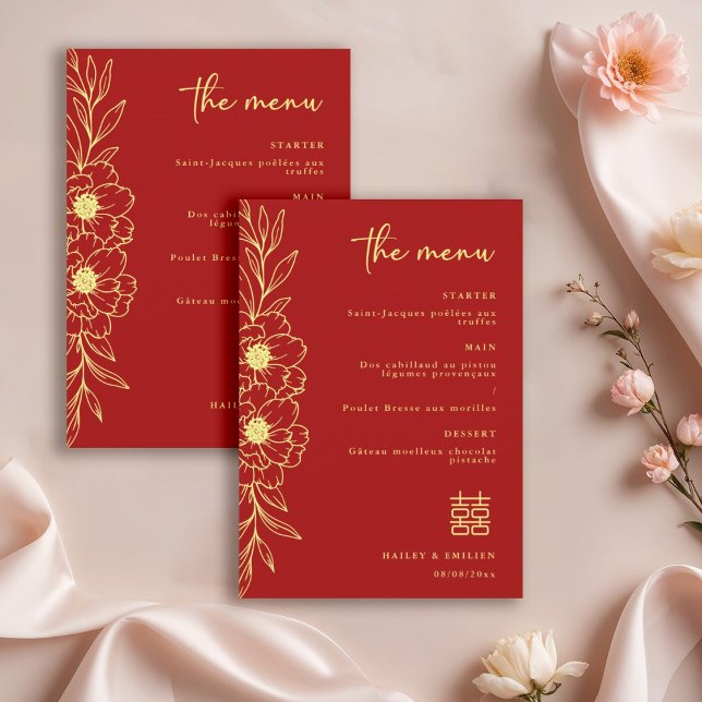 Invitation Fleurs de pivoine Menu de mariage moderne chinois  (Créateur téléchargé)