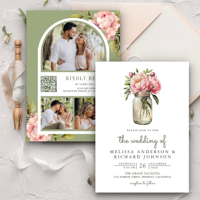 Invitation Fleurs de pivoine rose tendre Pot Mason Code QR Ma (Créateur téléchargé)