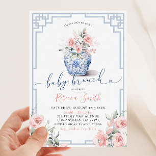 Invitation Fleurs de pivoine rose vif Chinoiserie Baby Brunch