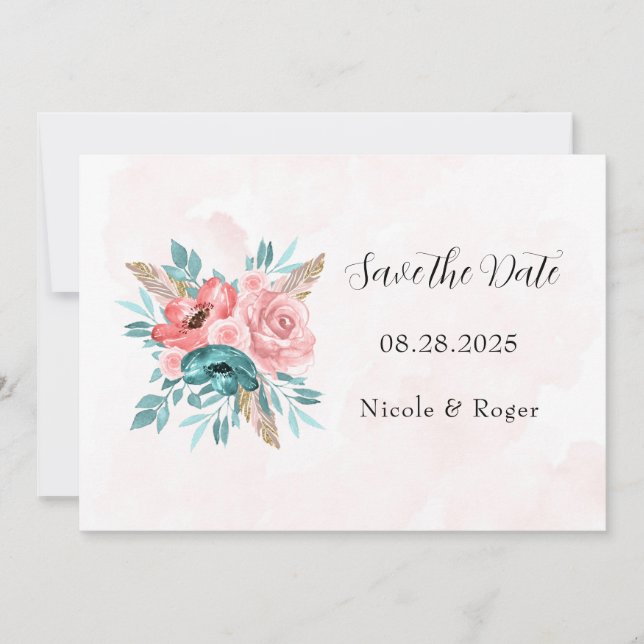 Invitation Fleurs de pivoine turquoise et rose Enregistrer le (Devant)