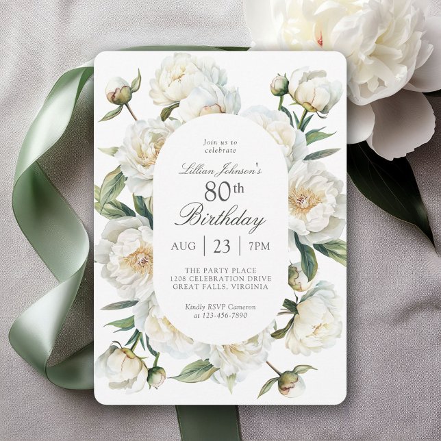 Invitation Fleurs de pivoines blanches aquarelle pour 80e ann (Available in both printed and instant download digital formats.)