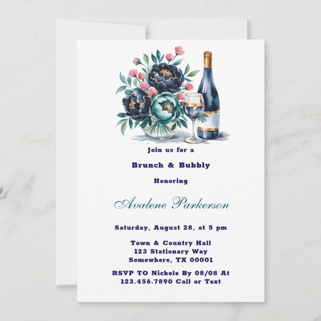 Invitation Fleurs de pivoines bleues de la Marine turquoise B (Devant)