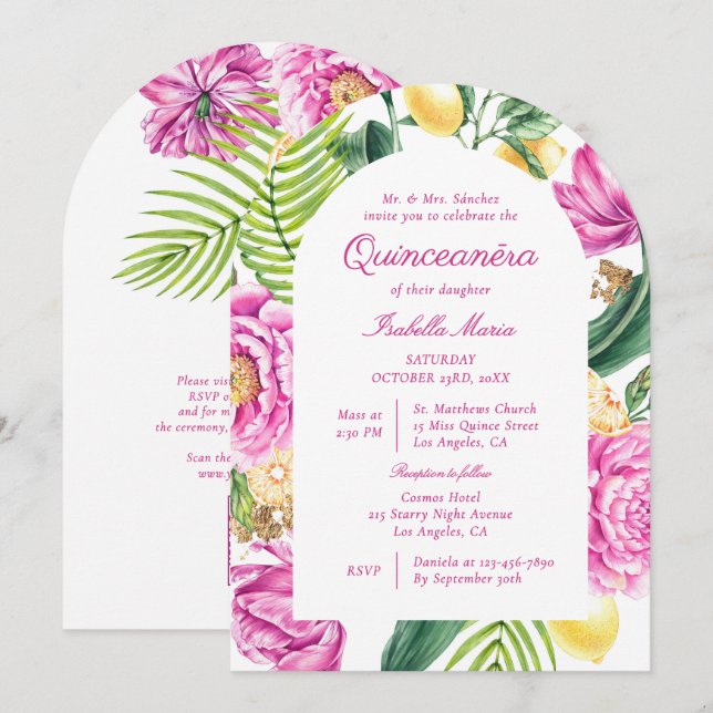 Invitation Fleurs de pivoines en aquarelle Code QR Quinceañer (Devant / Derrière)