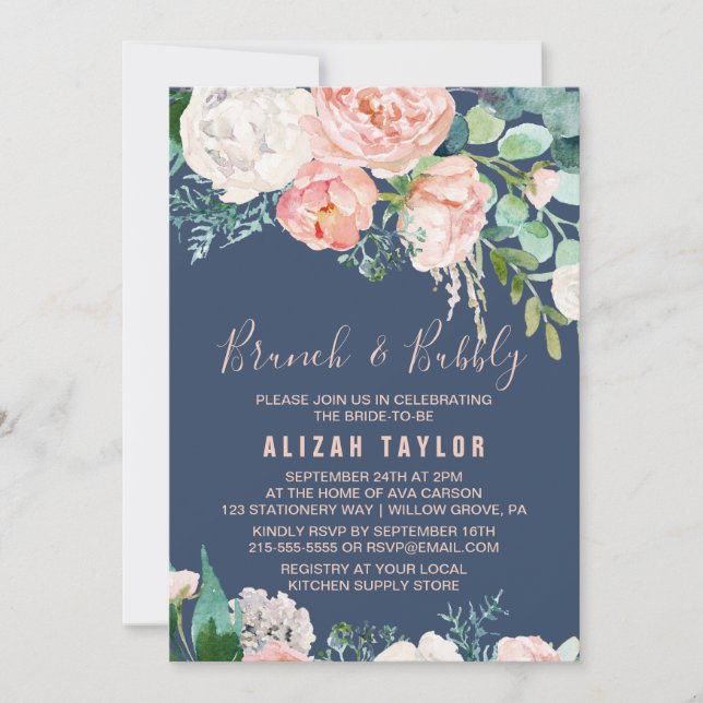 Invitation Fleurs de pivoines romantiques | Bleu Brunch & Bub (Devant)