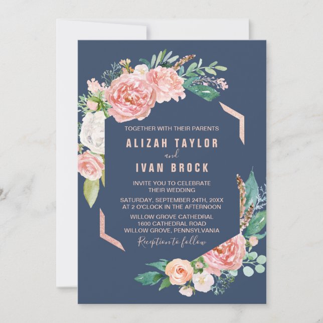 Invitation Fleurs de pivoines romantiques | Mariage bleu (Devant)