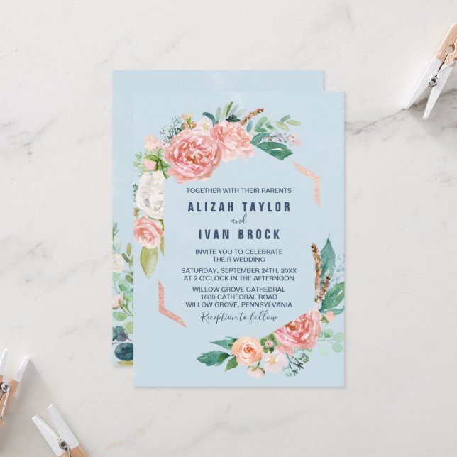 Invitation Fleurs de pivoines romantiques | Mariage bleu clai (Devant/Arrière en situation)