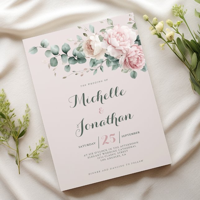 Invitation Fleurs de pivoines roses feuillage d'eucalyptus ve (Pink peonies mint green eucalyptus foliage Wedding)